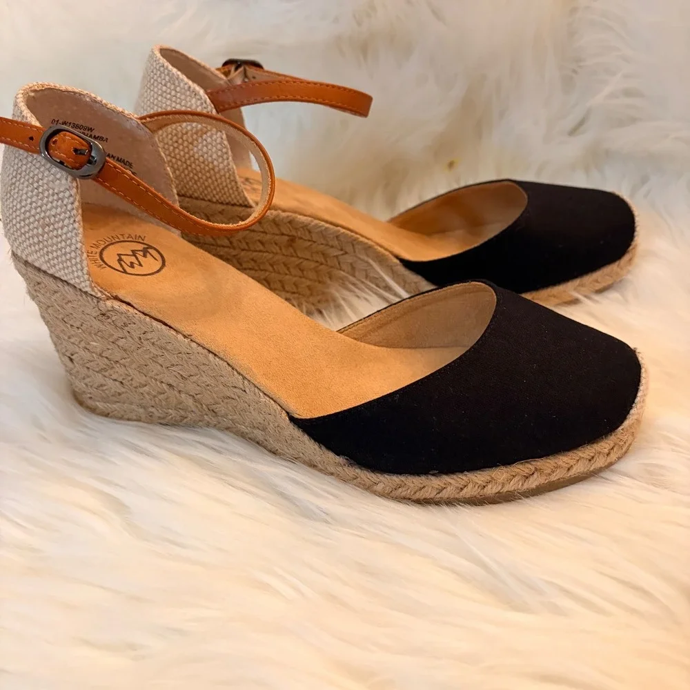 White Mountain Mamba Wedge Sandals Womens 8.5W Black Tan Excellent Espadrille